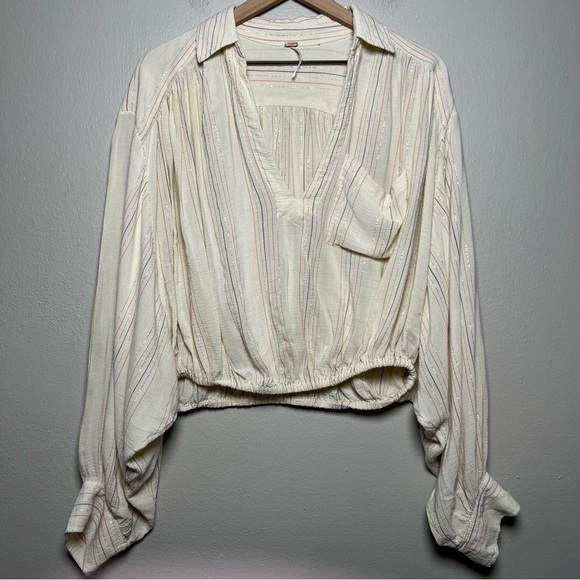Free‎ People Women Top XS Stripe Sparkle Split Neck Dolman Cottagecore Ethereal - Picture 1 of 9